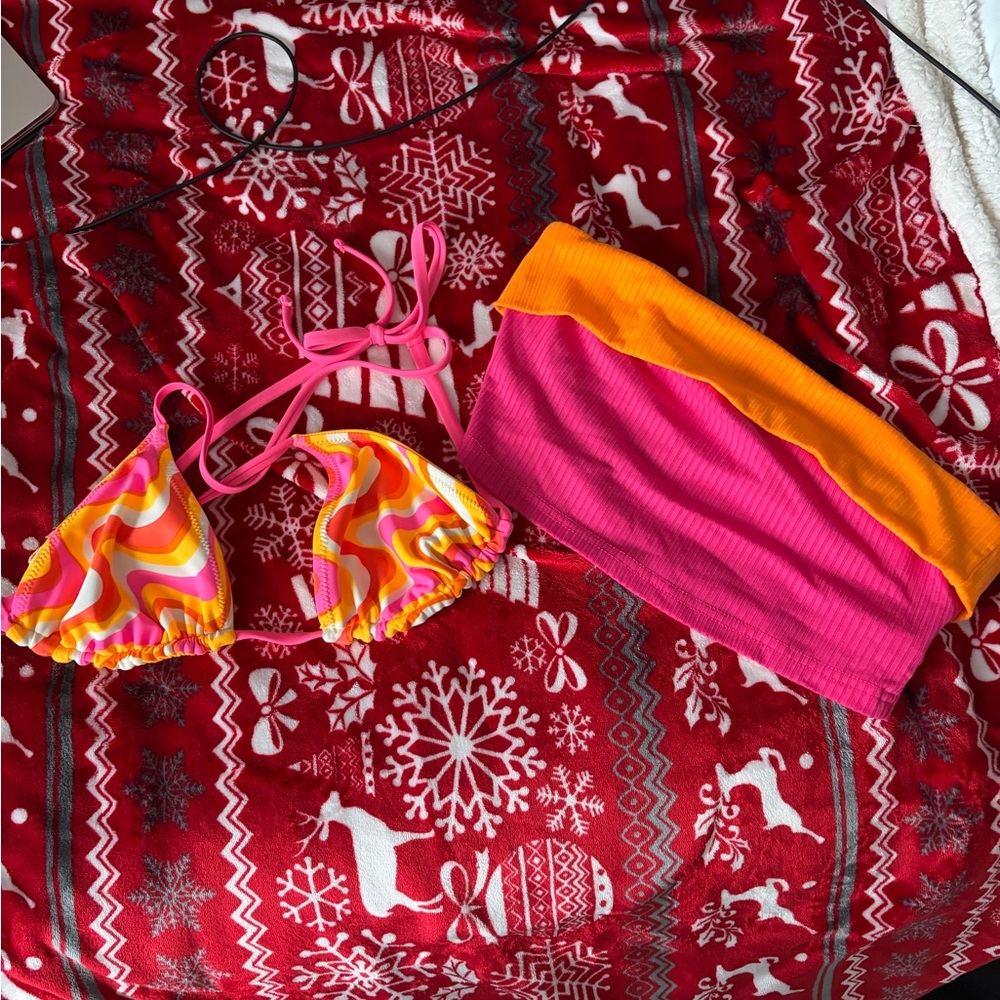Pink and Orange Bikini Top With Matching Tube Top/Coverup